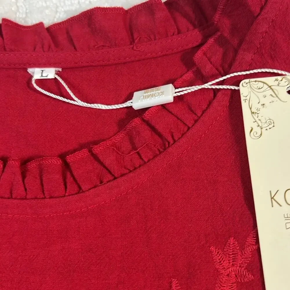 New! Komili romantic red embroidered ruffle neck puff sleeves feminine top L - Picture 4 of 9